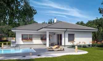 Bellissimo bungalow a forma di L con terrazza coperta.